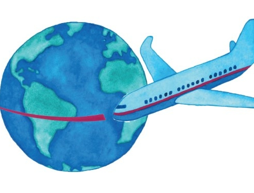 illustration of airplane flying around globe