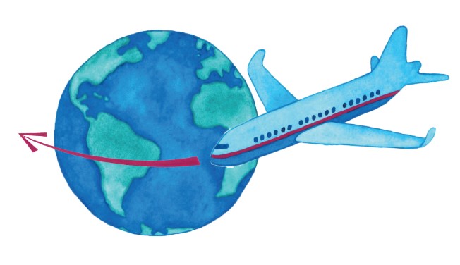 illustration of airplane flying around globe